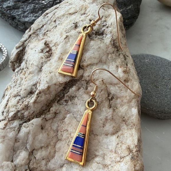 18K GOLD Zuni Native American Vintage Multi-stone Dangle Earrings - Picture 2 of 14